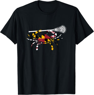 Maryland Crab Holding Lacrosse Stick Boys Girls LAX Shirt T-Shirt - T-Shirt | Black