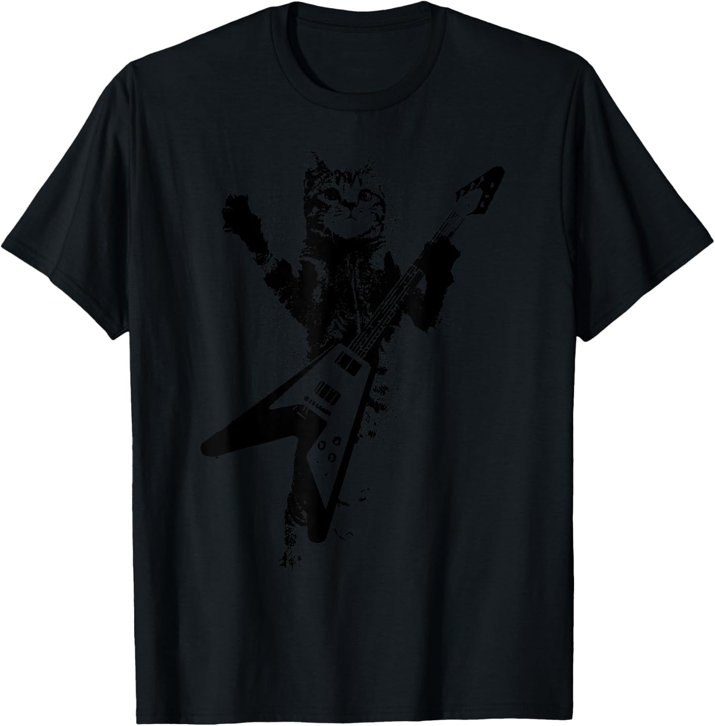Cat Playing Flying V Guitar Musician Cat Lover Men Women T-Shirt - T-Shirt | Black