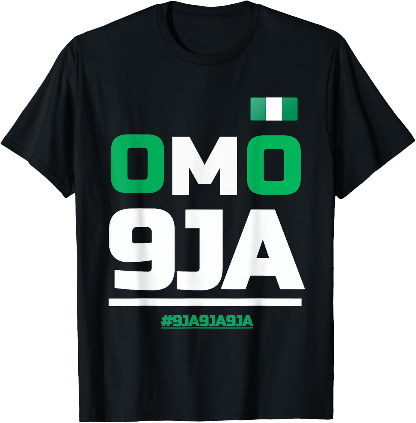 OMO 9JA with Nigeria Flag in Heart, Nigerian T-Shirt - T-Shirt | Black
