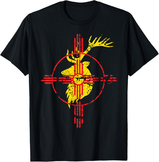 New Mexico State Flag Elk Hunting Zia Symbol Design T-Shirt - T-Shirt | Black