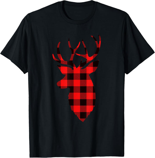 Buffalo Plaid Christmas Deer Cute Christmas Women's Deer T-Shirt - T-Shirt | Black