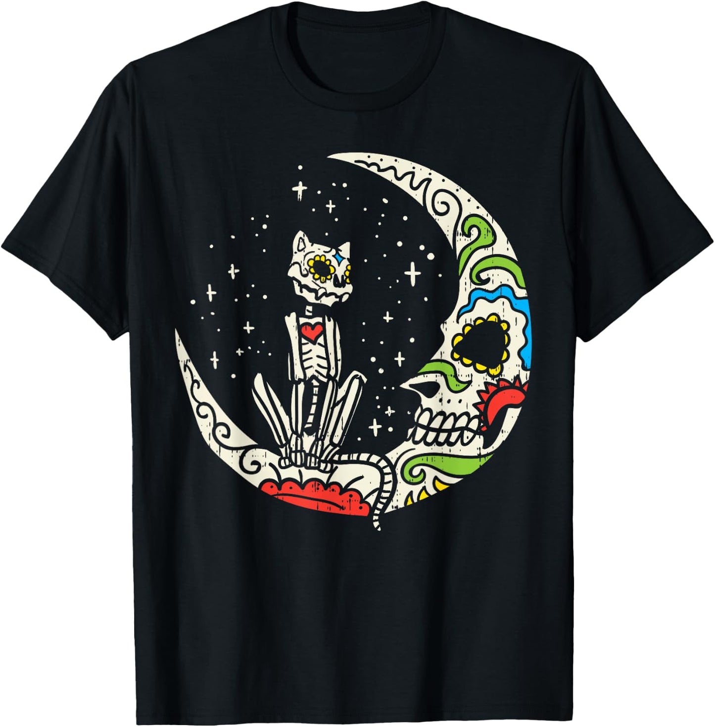 Sugar Skull Cat Moon Dia De Los Muertos Halloween Costume T-Shirt - T-Shirt | Black