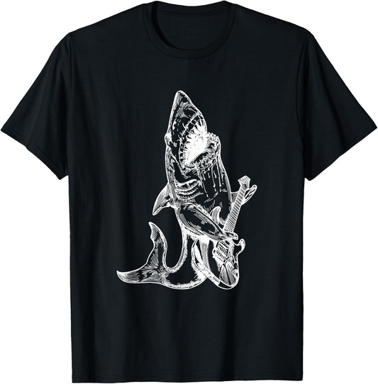 Shark Playing Guitar Funny Fish Guitarist Cool Rock Musician Men Women Kids T-Shirt - T-Shirt | Black