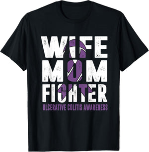 Wife Mom Fighter Ulcerative Colitis Awareness T-Shirt - T-Shirt | Black