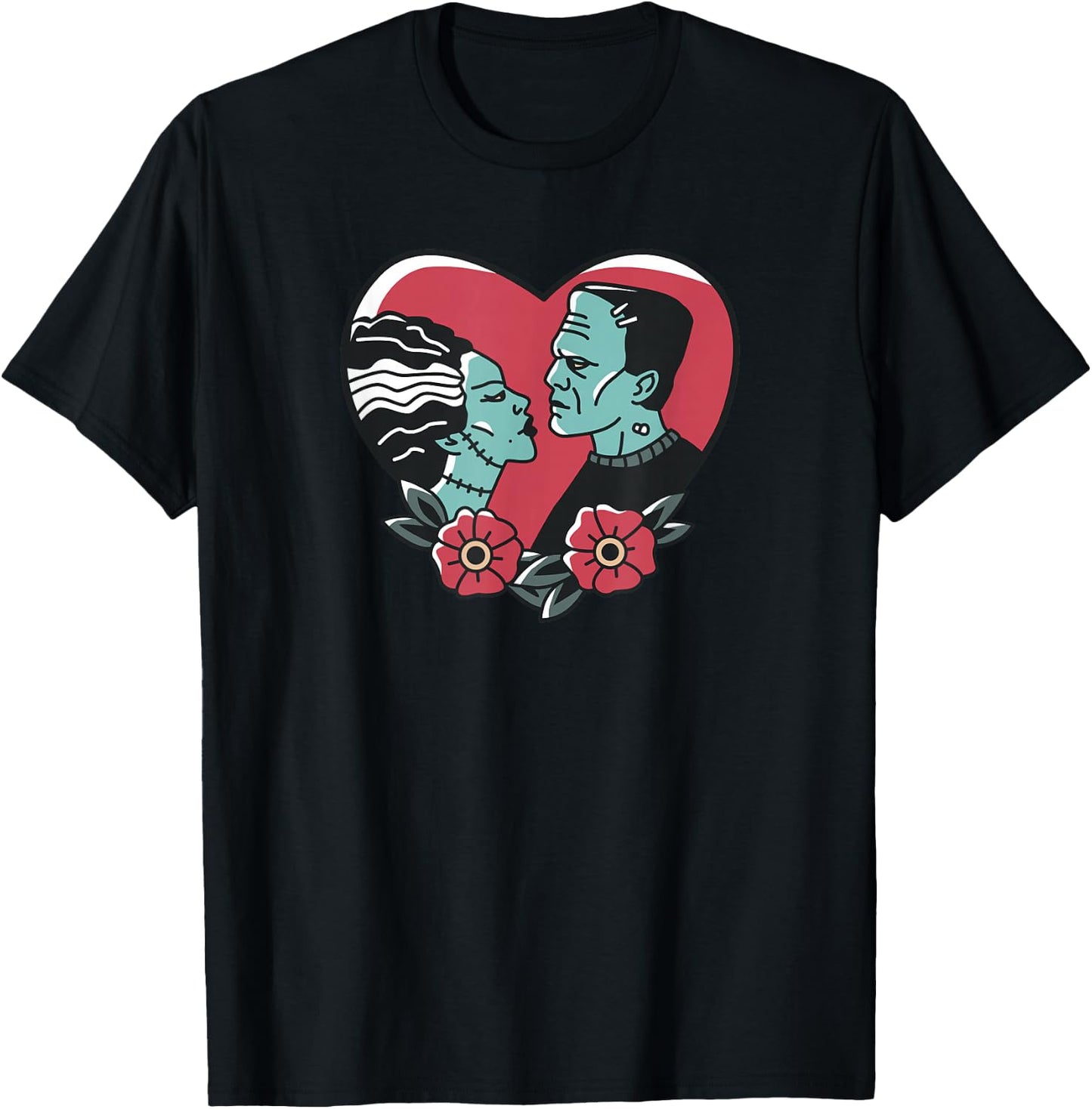 Frankenstein Monster & Bride of Frankenstein Love Emblem T-Shirt - T-Shirt | Black