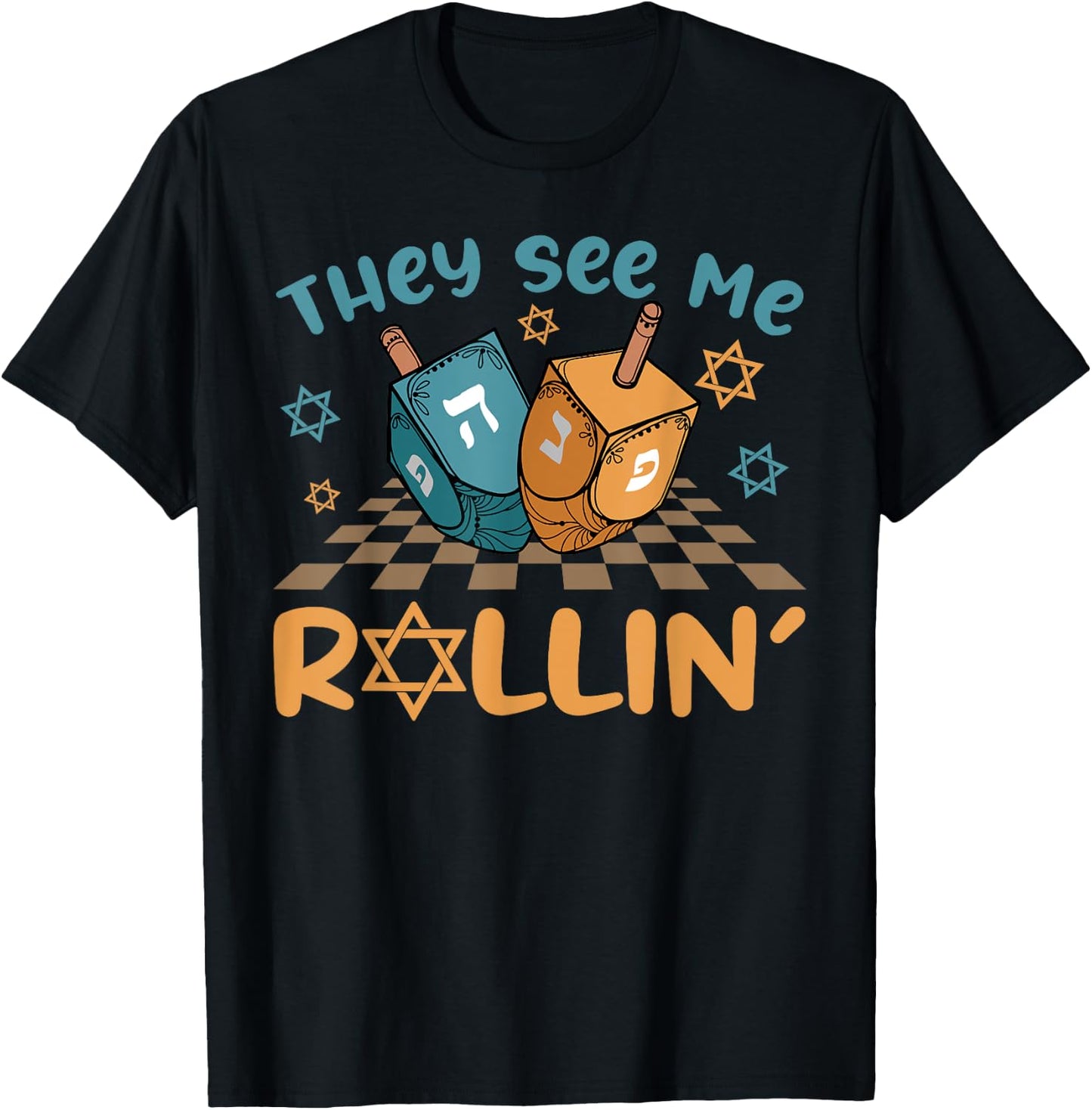 Groovy They See Me Rollin' Hanukkah 2024 Dreidel Game Jewish T-Shirt - T-Shirt | Black