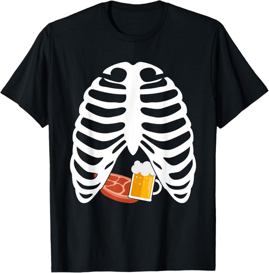 Halloween Funny Beer & Steak Costume Skeleton Rib Cage Gifts T-Shirt - T-Shirt | Black