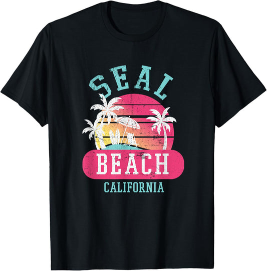 Retro Cool Seal Beach California Beaches T-Shirt - T-Shirt | Black