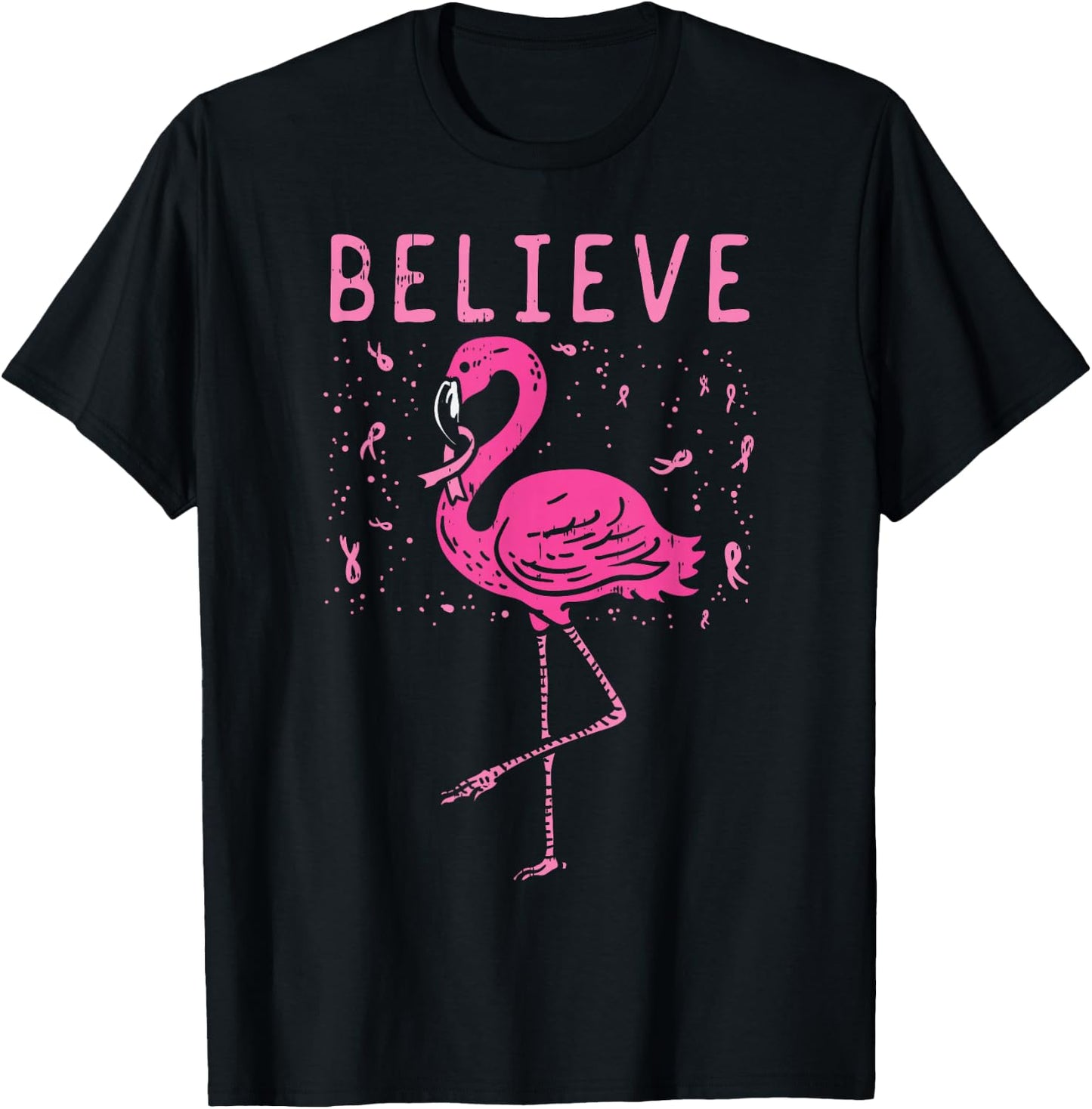 Believe Flamingo Pink Ribbon Breast Cancer Awareness Gift T-Shirt - T-Shirt | Black