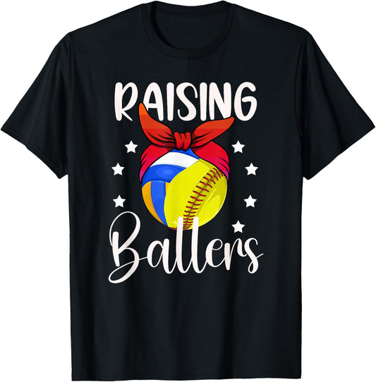 Raising Ballers Softball Volleyball Mom T-Shirt - T-Shirt | Black