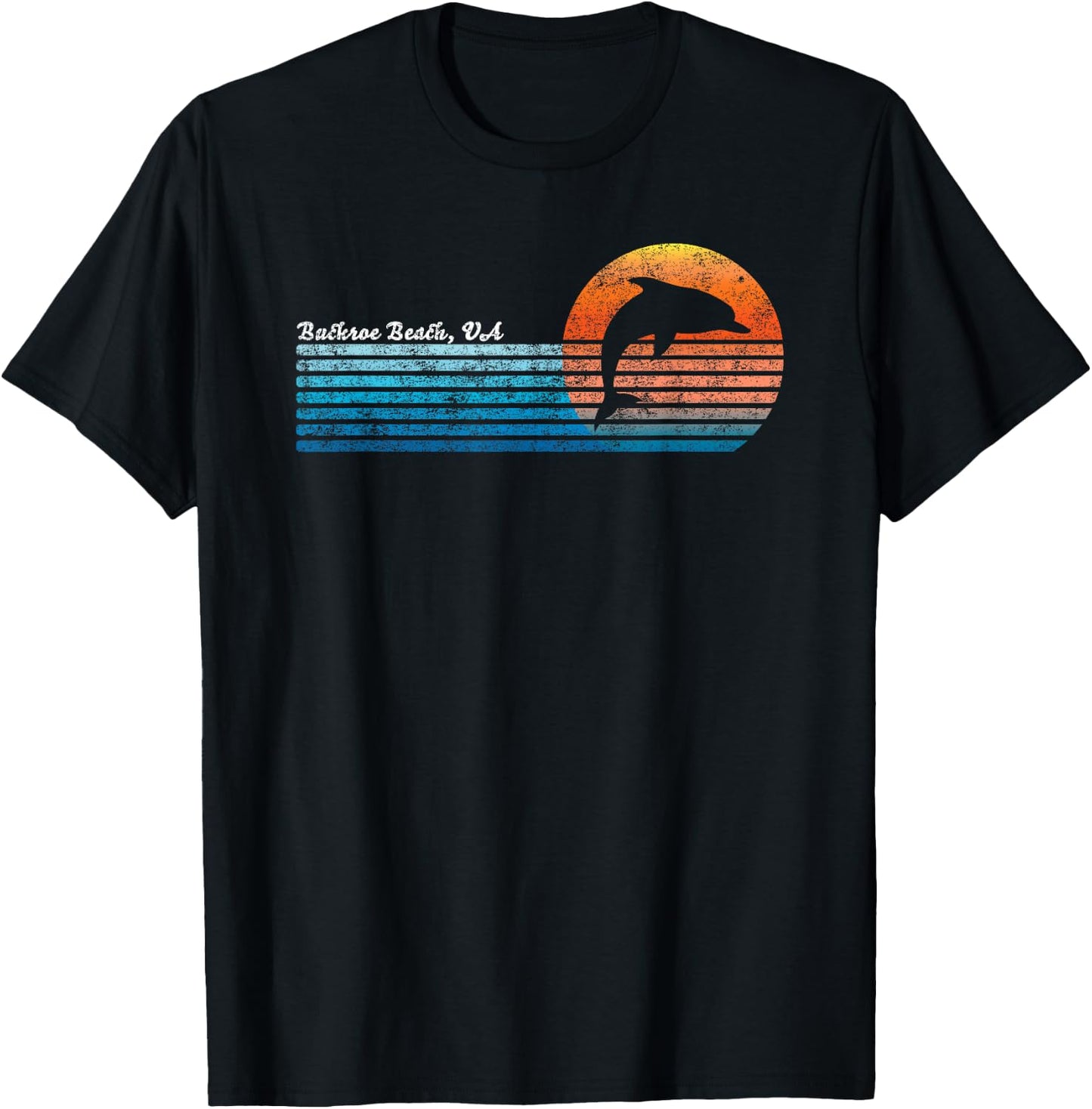 Vintage Buckroe Beach VA 80s Dolphin Sunset T-Shirt - T-Shirt | Black