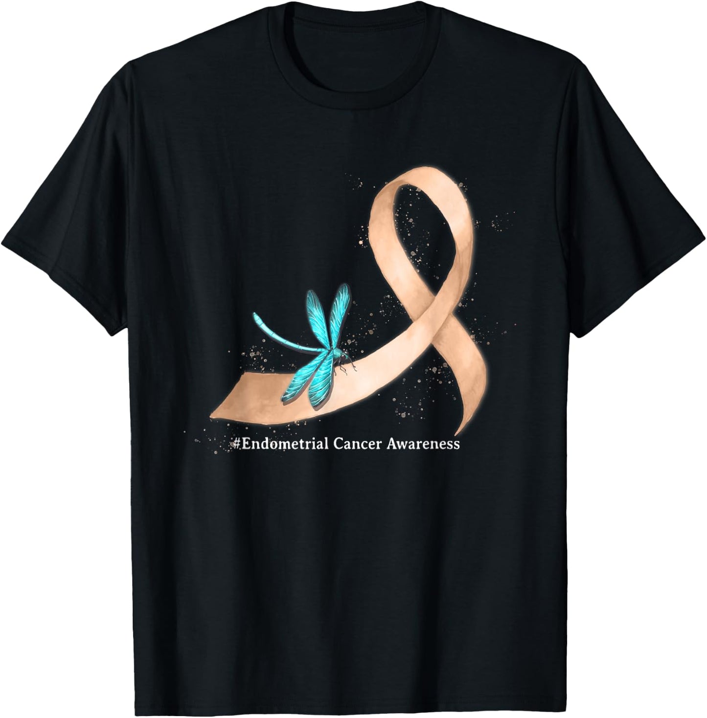 Hippie Dragonfly Peach Ribbon Endometrial Cancer Awareness T-Shirt - T-Shirt | Black