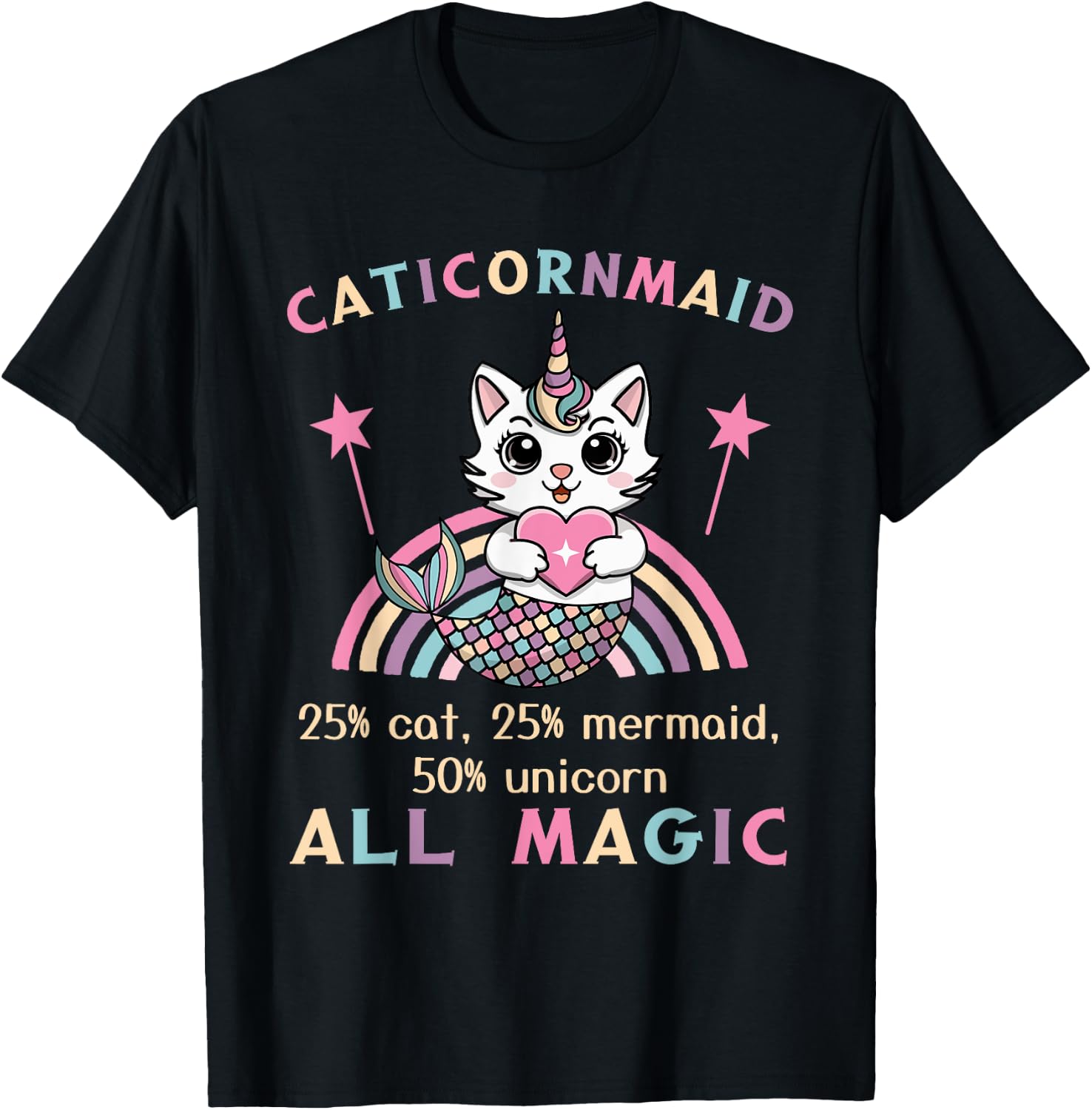 Caticorn Mermaid 50% Unicorn Cat Cute Girls Meowgical Theme T-Shirt - T-Shirt | Black