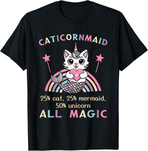 Caticorn Mermaid 50% Unicorn Cat Cute Girls Meowgical Theme T-Shirt - T-Shirt | Black