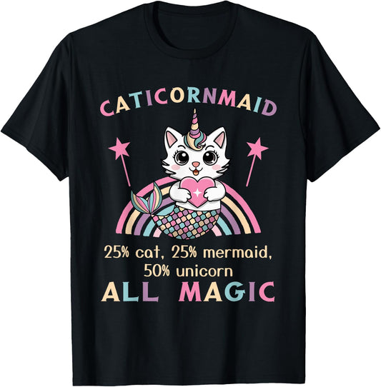 Caticorn Mermaid 50% Unicorn Cat Cute Girls Meowgical Theme T-Shirt - T-Shirt | Black