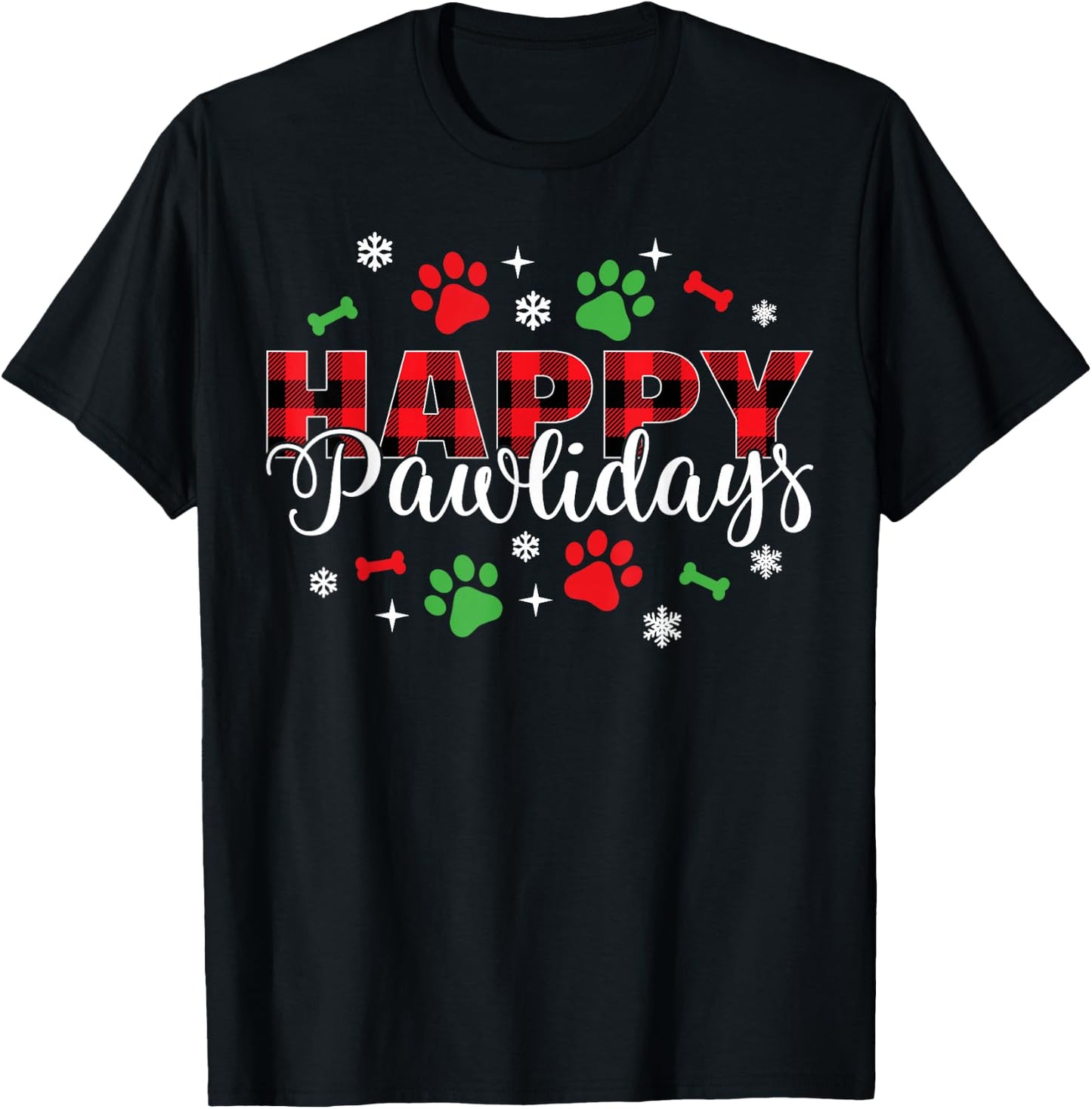 Happy Pawlidays Buffalo Plaid Dog Paws Christmas Holiday T-Shirt - T-Shirt | Black