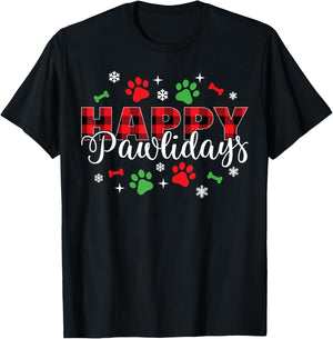 Happy Pawlidays Buffalo Plaid Dog Paws Christmas Holiday T-Shirt - T-Shirt | Black
