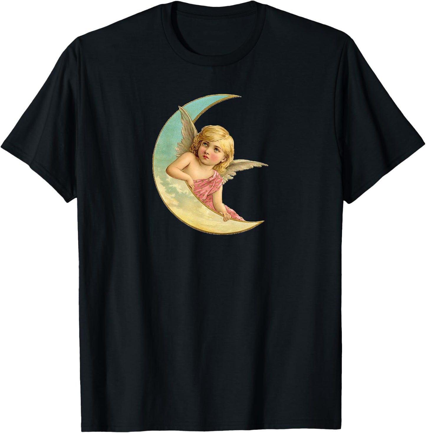 Vintage Celestial Moon Cherub Angel T-Shirt - T-Shirt | Black