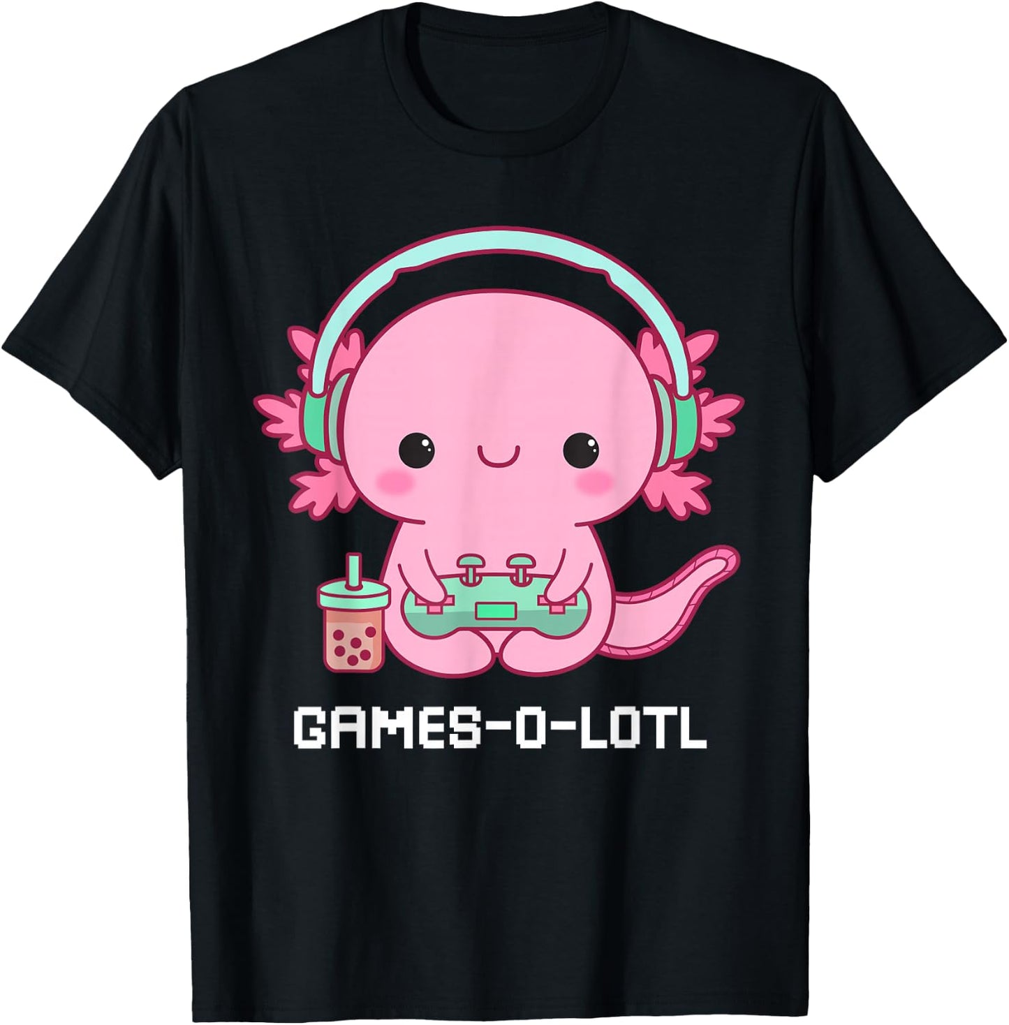 Gamesalotl Axolotl Cute Kawaii Fish Playing Video Games Girl T-Shirt - T-Shirt | Black