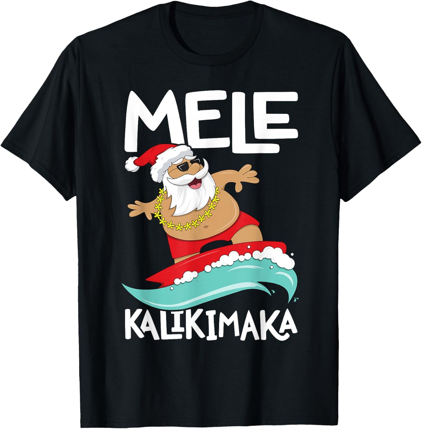 Mele Kalikimaka Hawaiian Christmas Hawaii Surfing Santa Short Sleeve Black T-Shirt - T-Shirt | Black