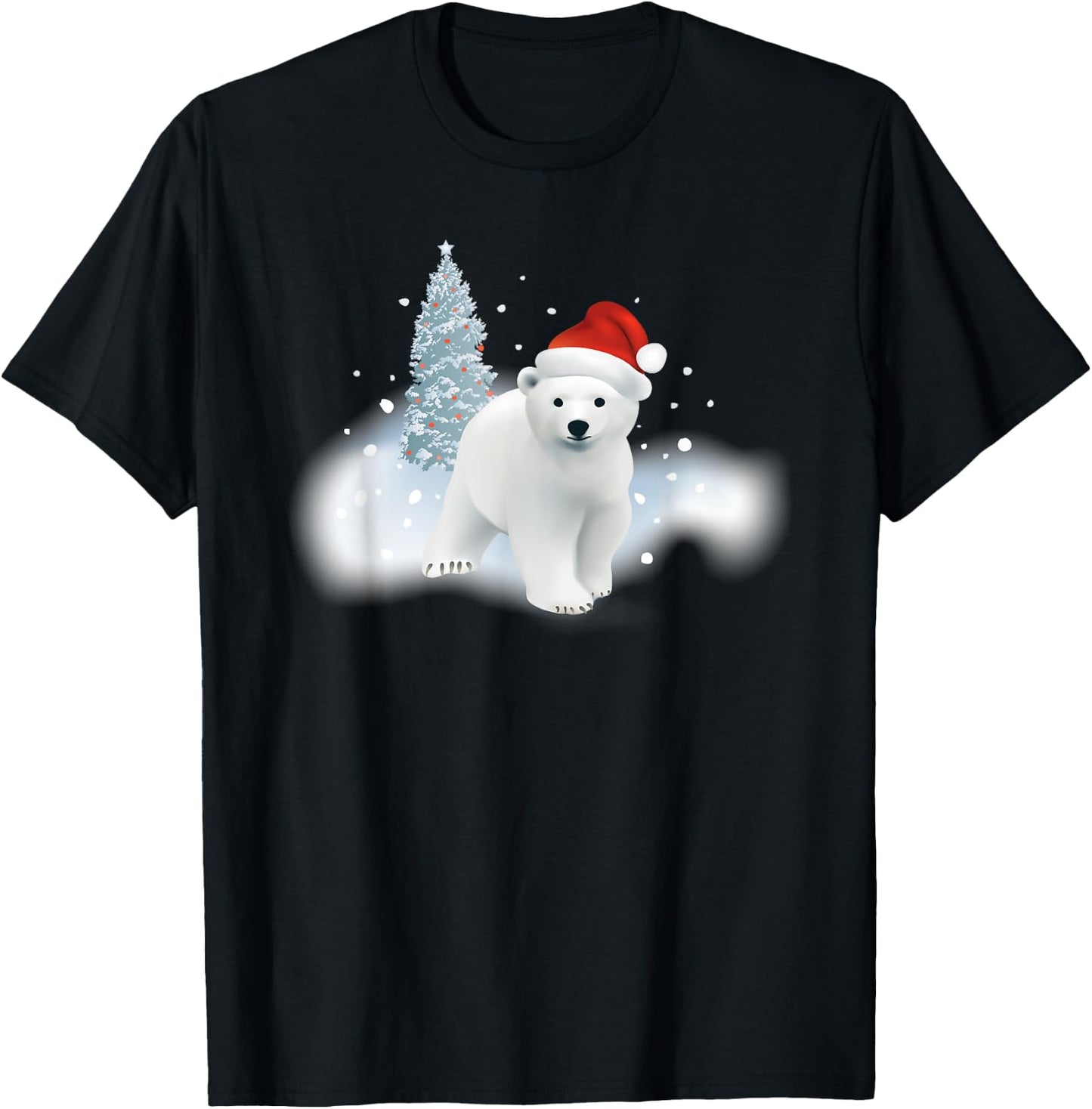 Cute Christmas Polar Bear Red Santa Hat Lighted Tree Snow T-Shirt - T-Shirt | Black