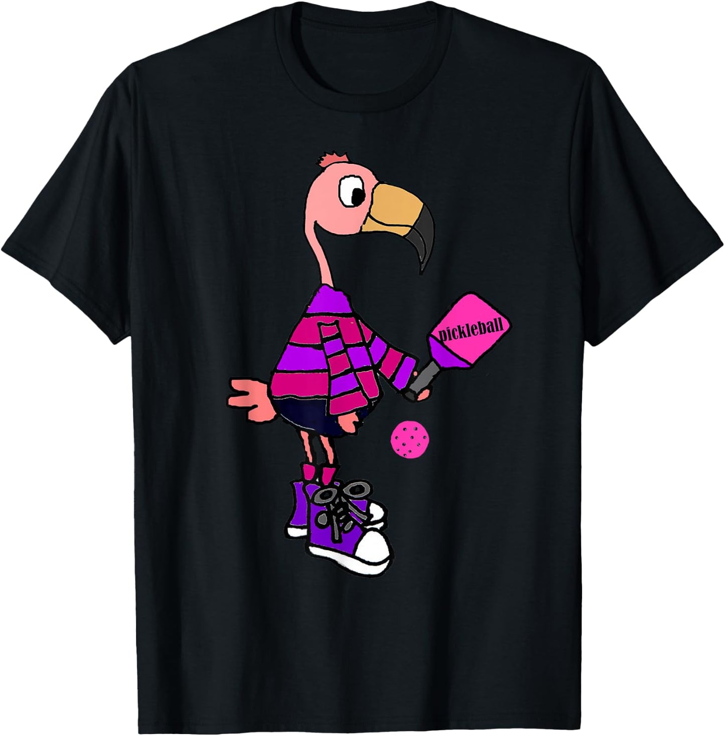 SmileteesSports Funny Flamingo Playing Pickleball T-Shirt - T-Shirt | Black