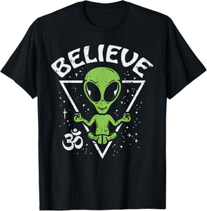 Meditating Alien Believe Zen Inner Peace ET Ufo Yoga Om T-Shirt - T-Shirt | Black