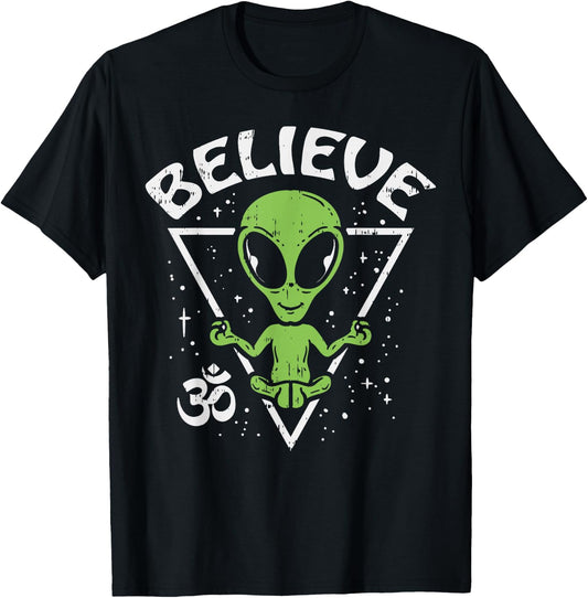 Meditating Alien Believe Zen Inner Peace ET Ufo Yoga Om T-Shirt - T-Shirt | Black