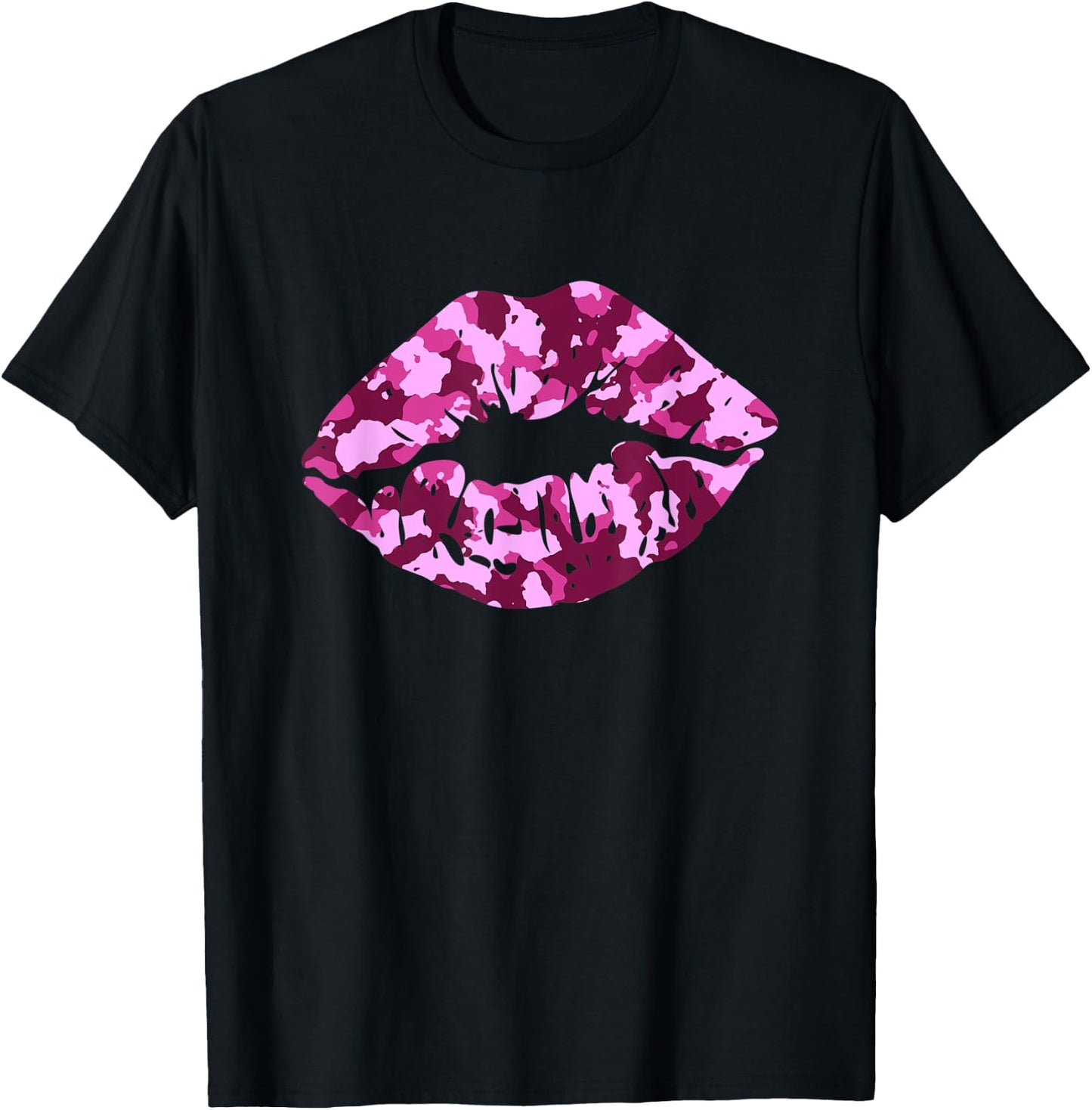 Pink Camo Kiss Military Soldier Camouflage Lips Gift T-Shirt - T-Shirt | Black
