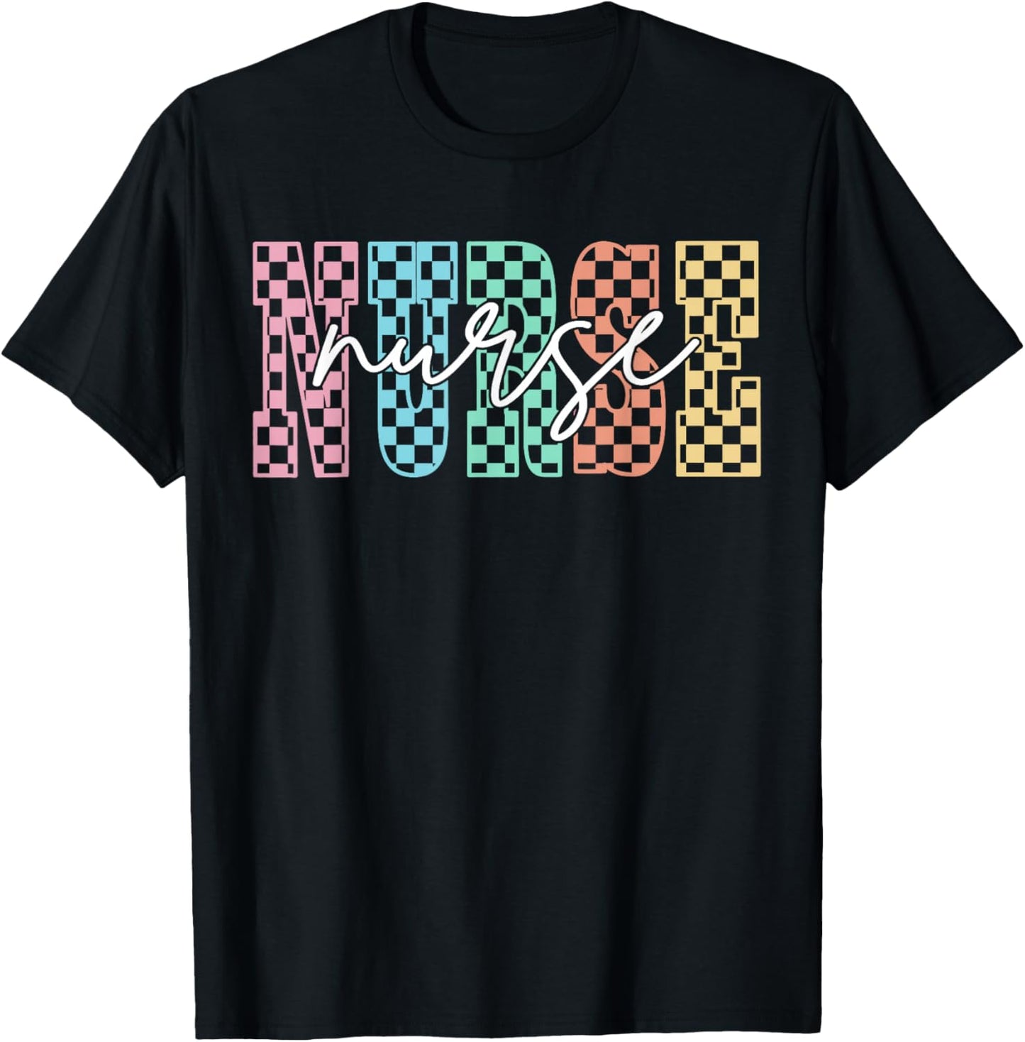 Retro Nurse Checkered Varsity Nurse Appreciation Nursing T-Shirt - T-Shirt | Black