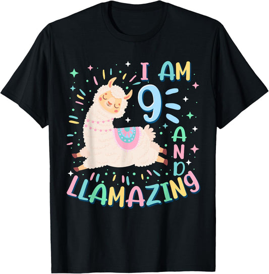 9th Birthday I Am 9 Years Old And Llamazing Llama Girl Teens T-Shirt - T-Shirt | Black