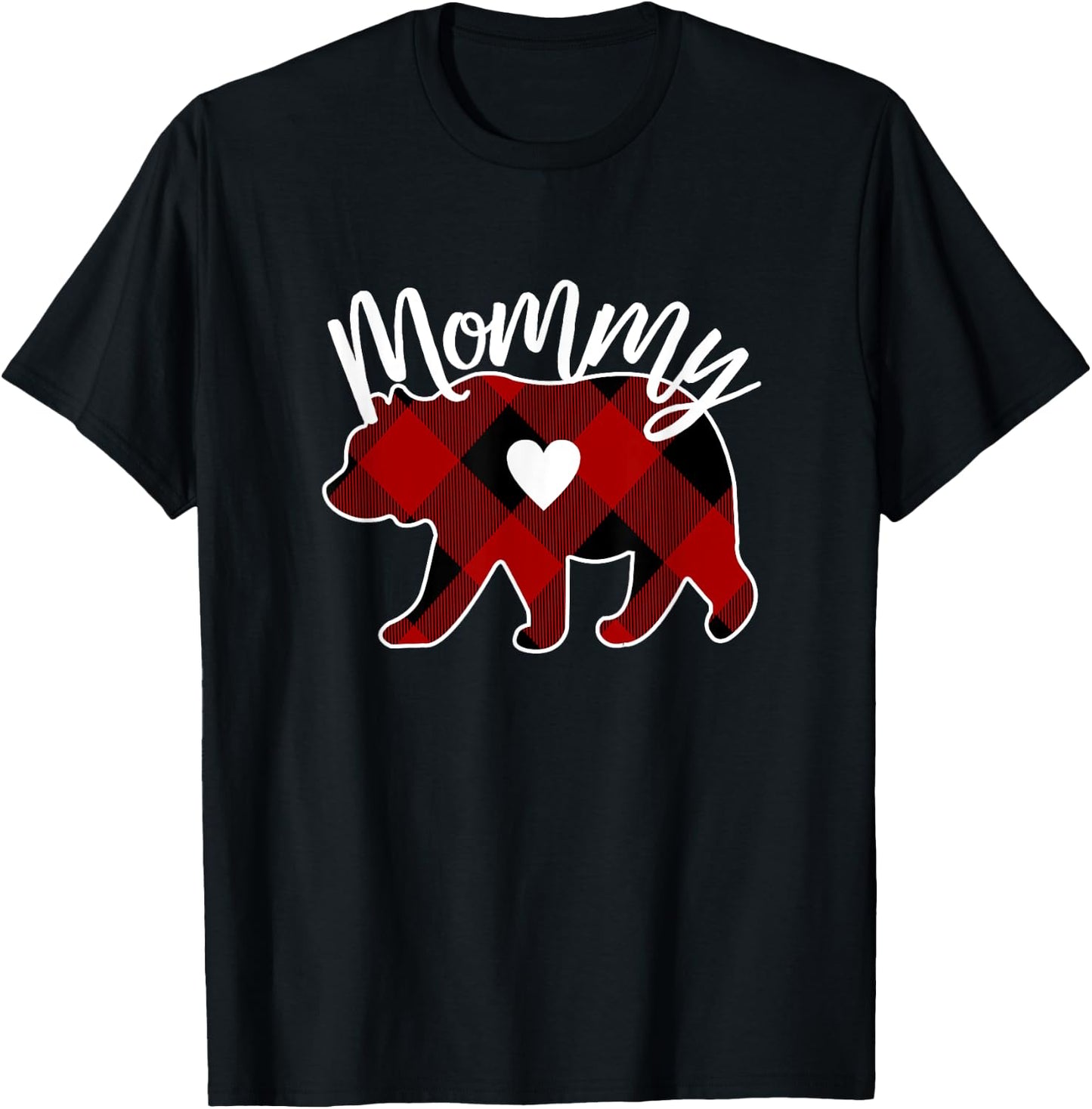 Mommy Bear Christmas Buffalo Plaid Red White & Black Gift T-Shirt - T-Shirt | Black