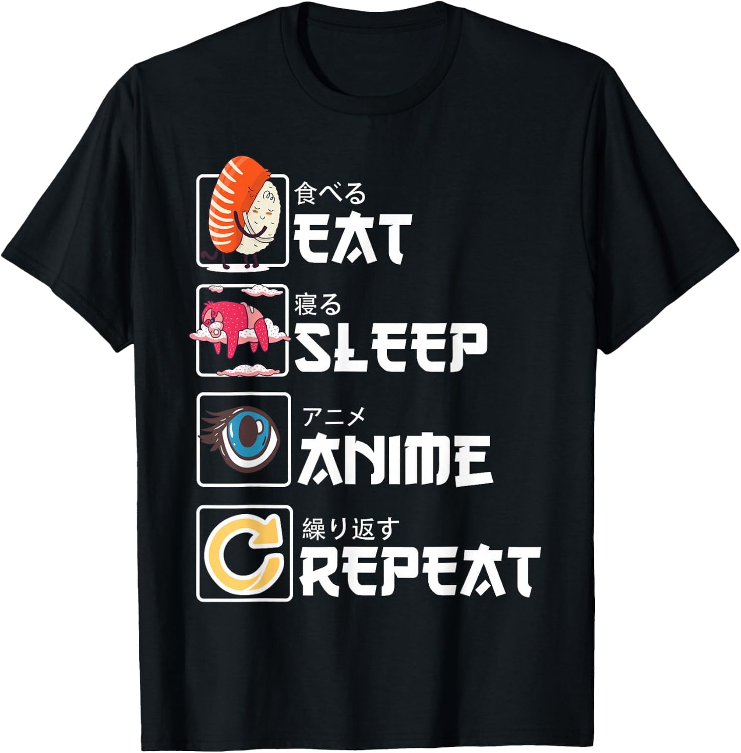 Kawaii Manga Sushi - Eat Sleep Anime Repeat - Cute Anime T-Shirt - T-Shirt | Black