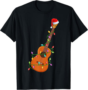 Xmas Lights Santa Hat Musical Ukulele Guitar Christmas T-Shirt - T-Shirt | Black