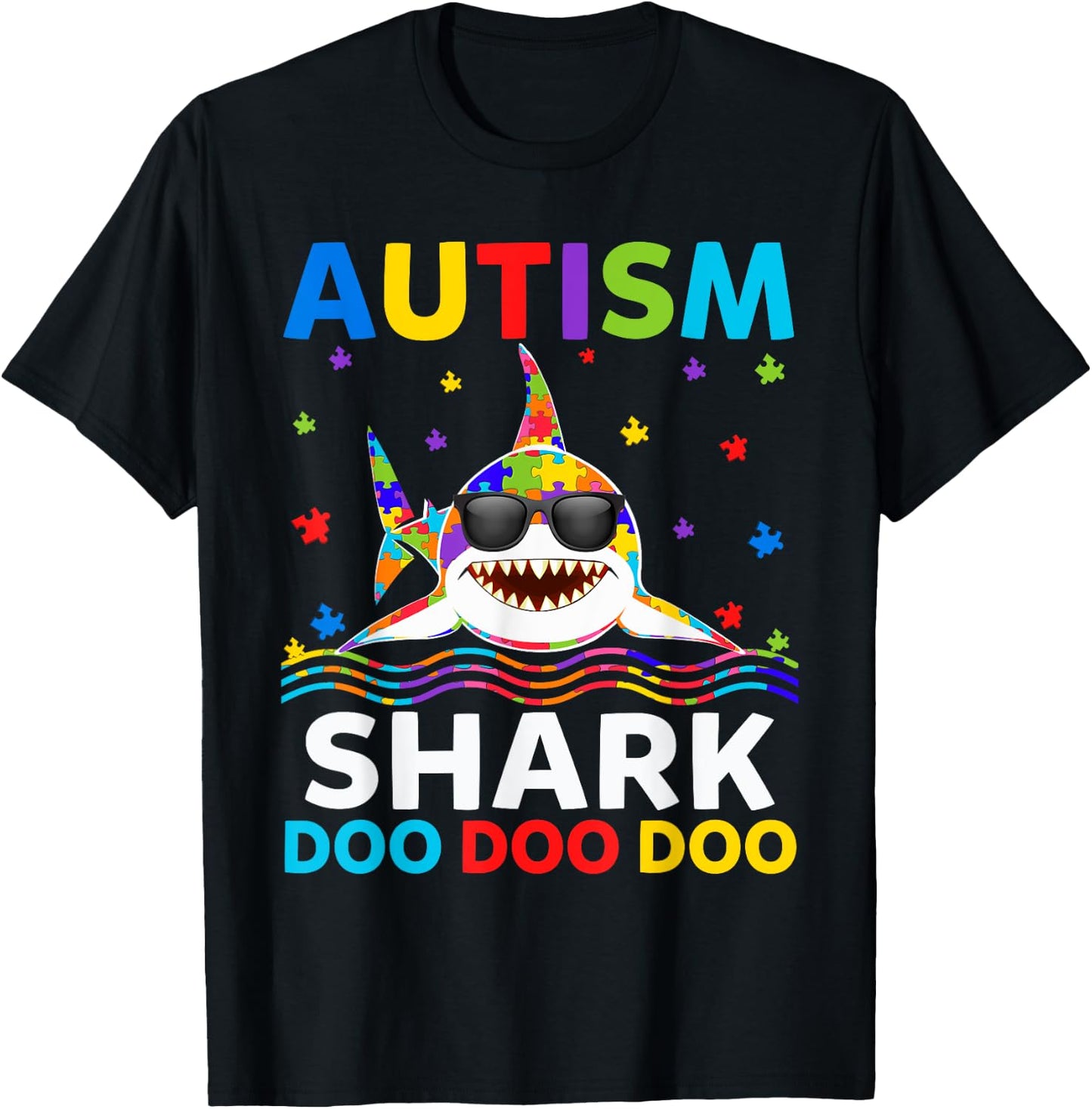 Funny Autism Shark Puzzle Awareness Day Cute For Boys Girls T-Shirt - T-Shirt | Black