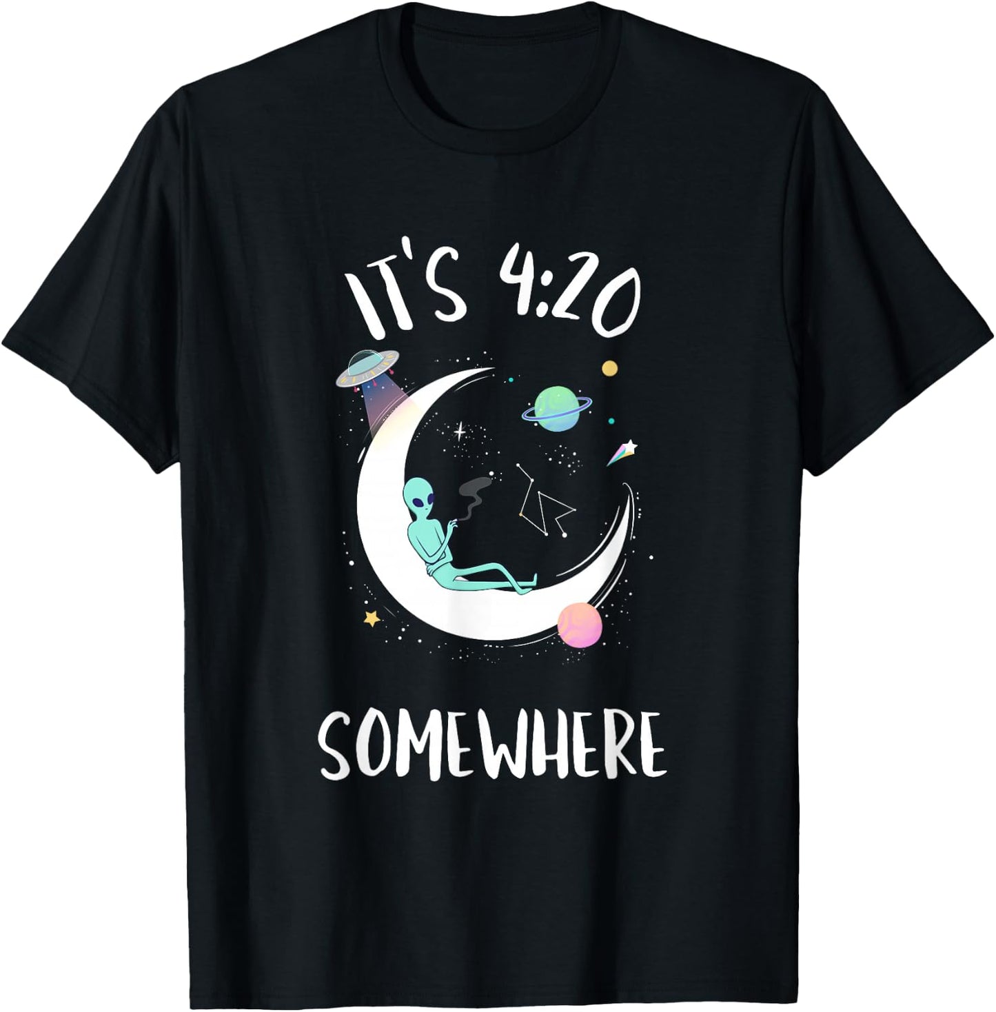 Funny Weed Joint Smoking Moon Alien | It's 4:20 Somewhere T-Shirt - T-Shirt | Black