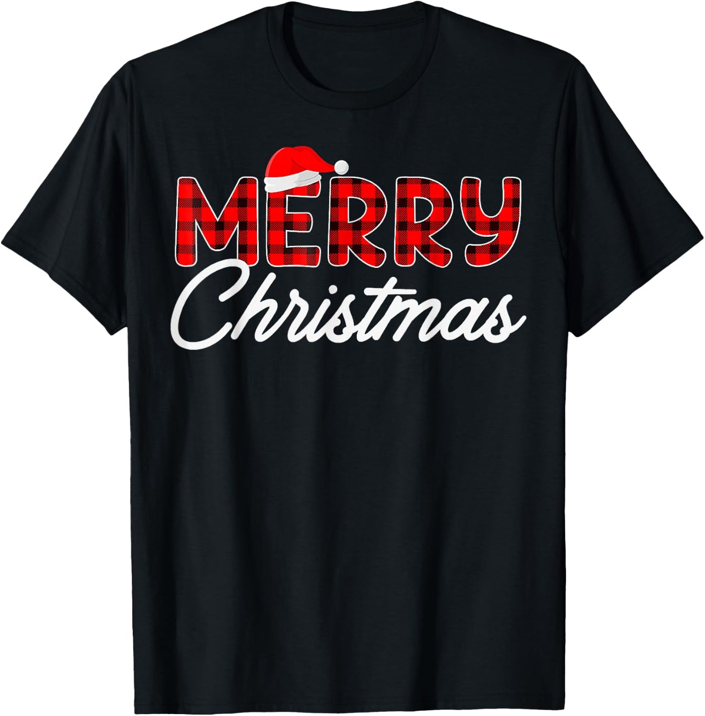 Merry Christmas Buffalo Plaid Red Santa Hat Xmas Pajamas T-Shirt - T-Shirt | Black