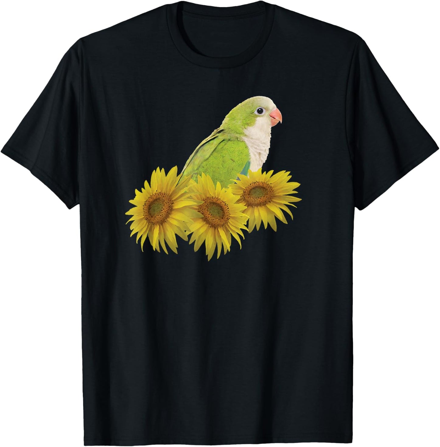 Quaker Parrot Green Monk Parakeet Sunflower T-Shirt - T-Shirt | Black