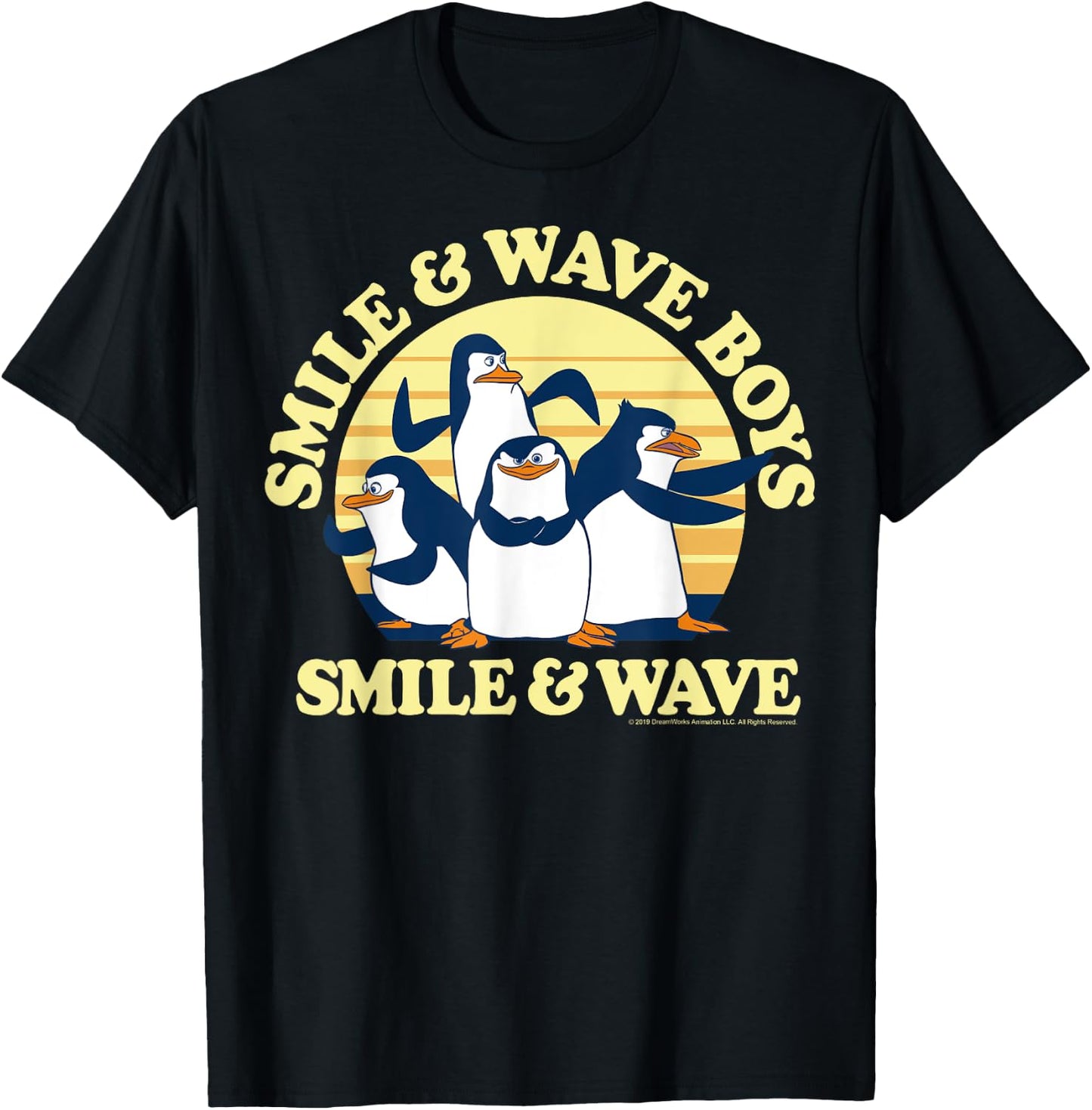 Madagascar Penguins Smile And Wave Sunset Text Poster T-Shirt - T-Shirt | Black