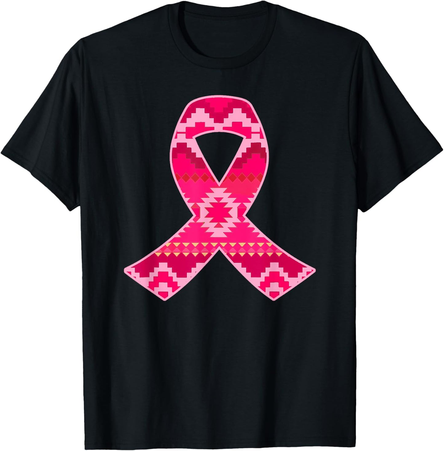 Pink Geometric Aztec Pattern Breast Cancer Awareness Ribbon T-Shirt - T-Shirt | Black