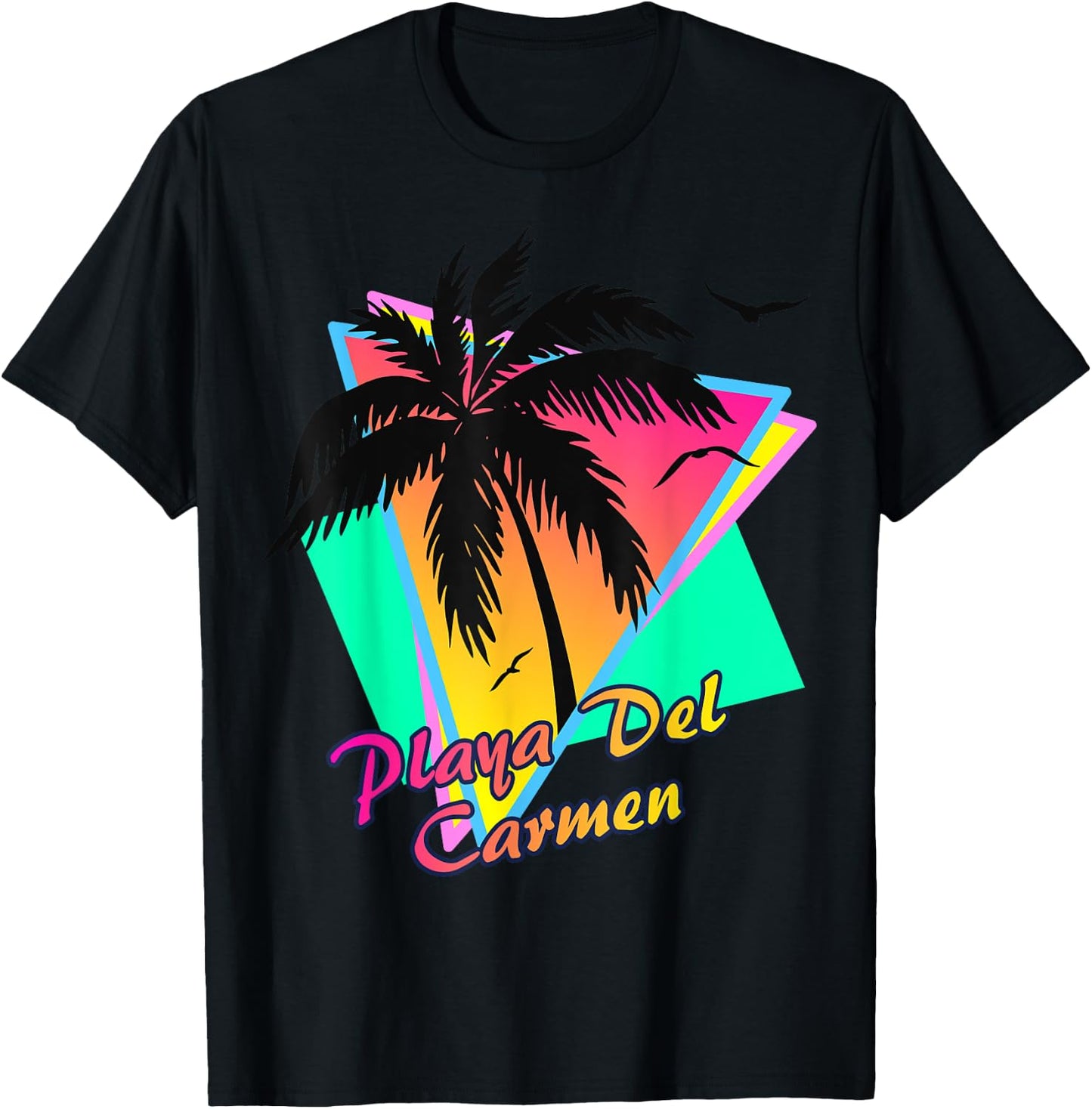 Playa Del Carmen 80s Tropical Summer And Beach Palm Sunset T-Shirt - T-Shirt | Black