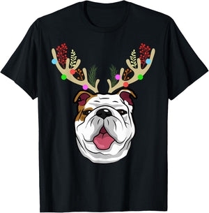 XMAS Funny Bulldogs with Antlers Christmas T-Shirt - T-Shirt | Black