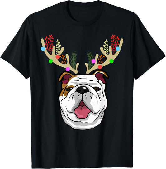 XMAS Funny Bulldogs with Antlers Christmas T-Shirt - T-Shirt | Black