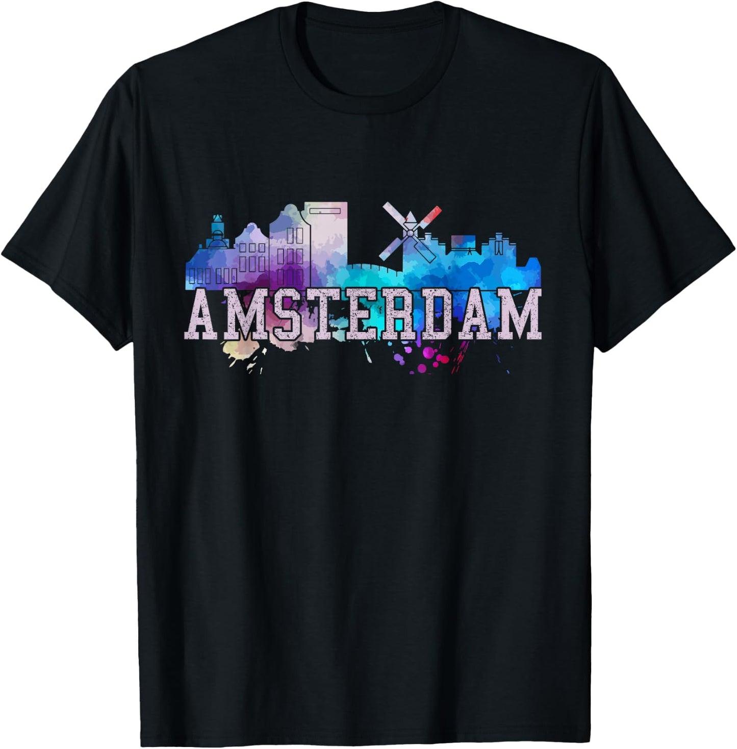Amsterdam - Watercolor Art Skyline Netherlands Gift T-Shirt - T-Shirt | Black