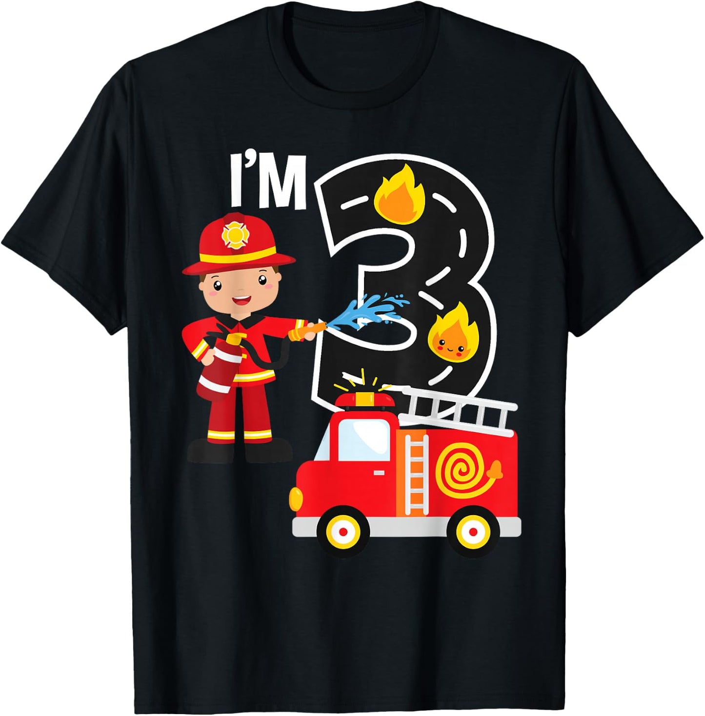 Fire Truck Fireman 3 Year Old I'm 3rd Birthday Party T-Shirt - T-Shirt | Black