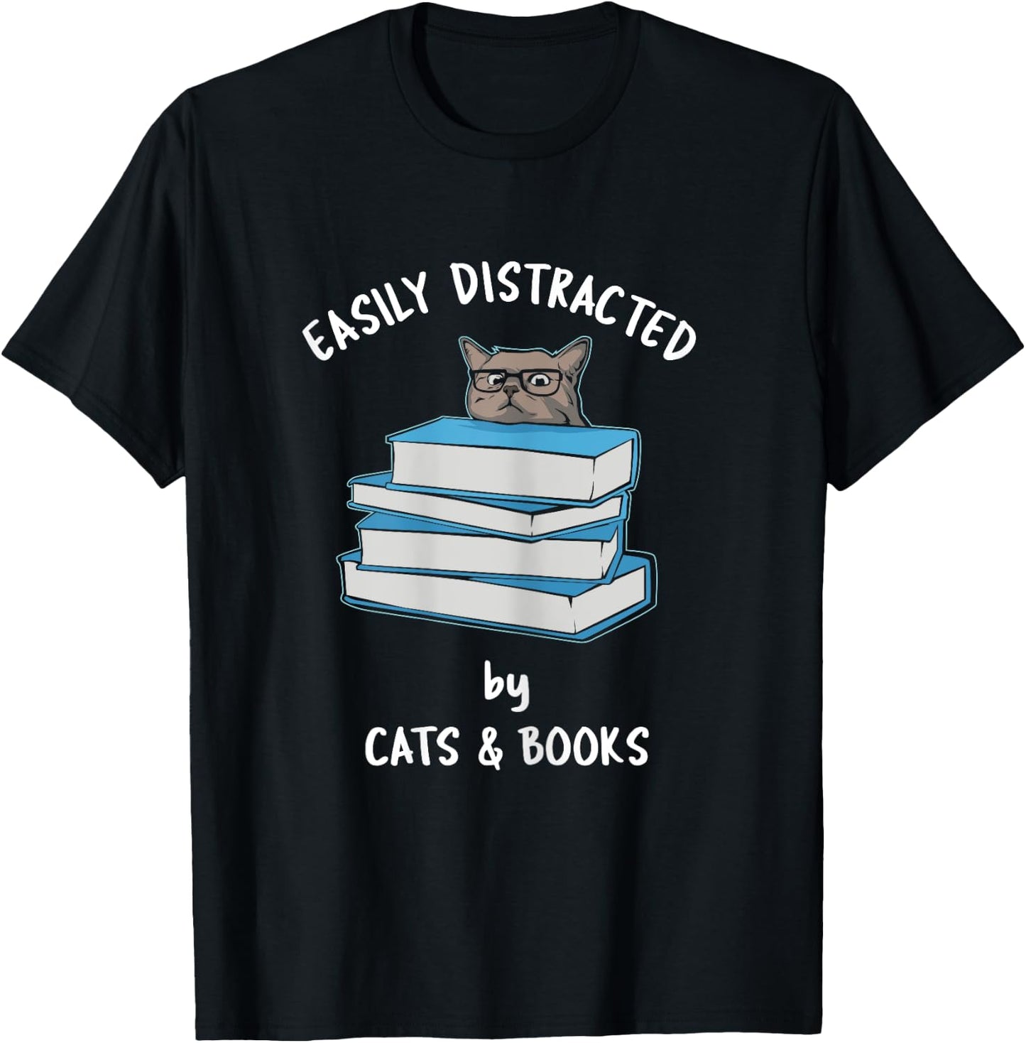 Easily Distracted by Cats & Books - Russian Blue - Book pile T-Shirt - T-Shirt | Black