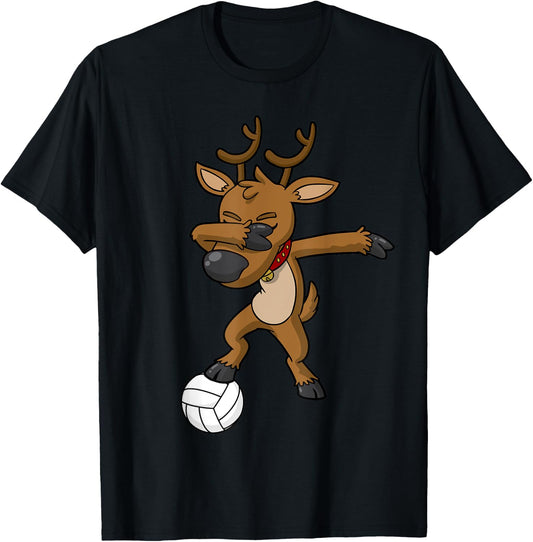 Volleyball Dabbing Reindeer Christmas T-Shirt - T-Shirt | Black
