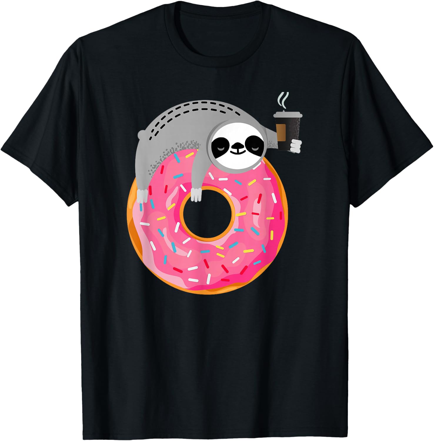 Sloth On Donut With Cup Of Steaming Coffee T-Shirt - T-Shirt | Black
