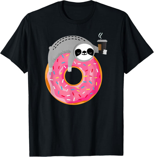 Sloth On Donut With Cup Of Steaming Coffee T-Shirt - T-Shirt | Black