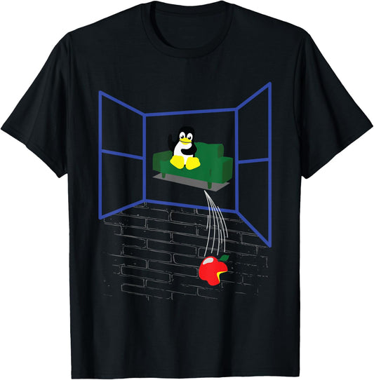 Linux Penguin Throws an Apple Through the Window Funny Shirt Large Black T-Shirt - T-Shirt | Black